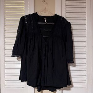 Free People Black Boxy 3/4 Sleeve Blouse